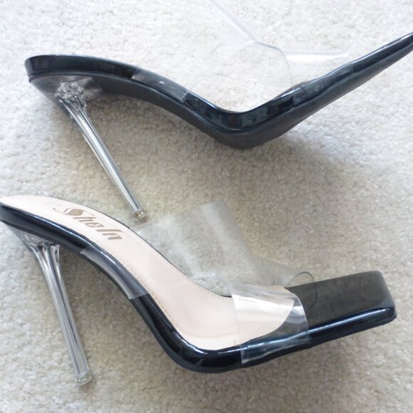 SHEIN black square toe stiletto slip-on heels with clear strap - Picture 6 of 9